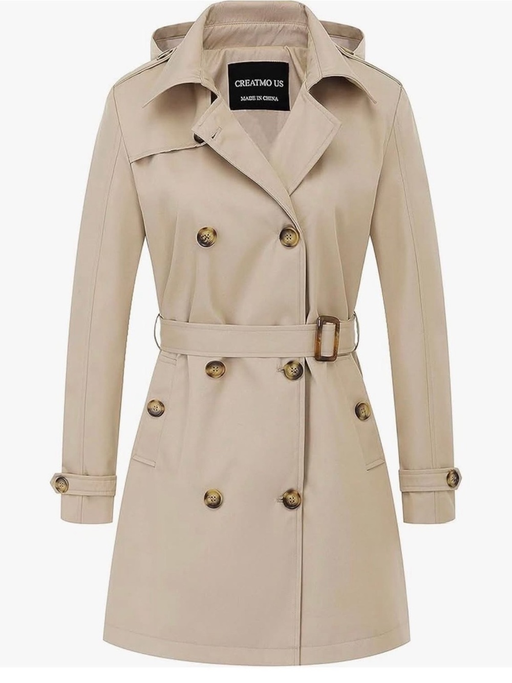 CREATMO US Double-Breasted Classic Trench Coat with Detachable Hood - medium nwt